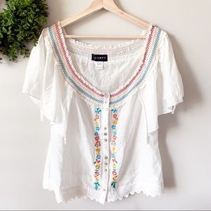 BOHO Spanish Embroidered Summer Flowing Button Top
